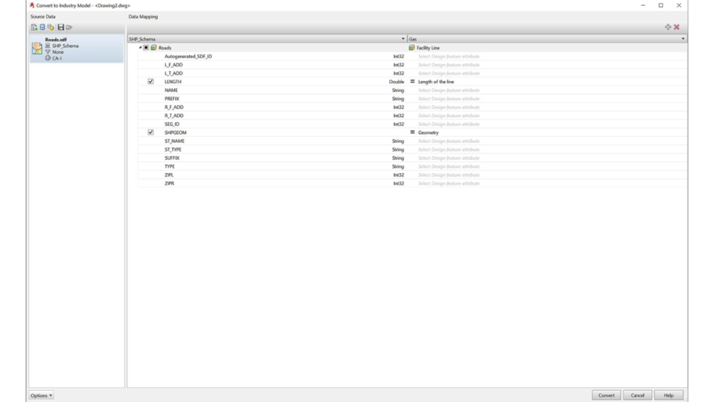 Data mapping window for roads and gas facility lines