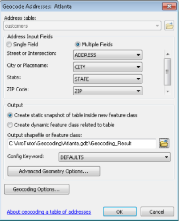 Geocoded Addresses Atlanta dialog box