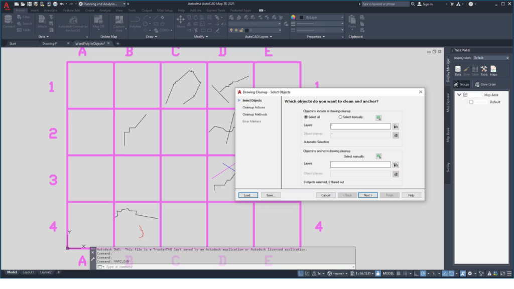 Selecting objects to clean and anchor through the drawing cleanup tools