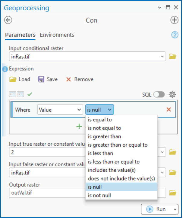 An example of using the is null option on the Con tool dialog