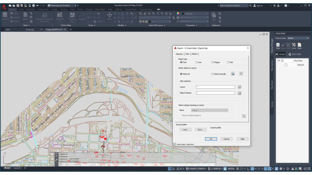 Map export window overlayed on map