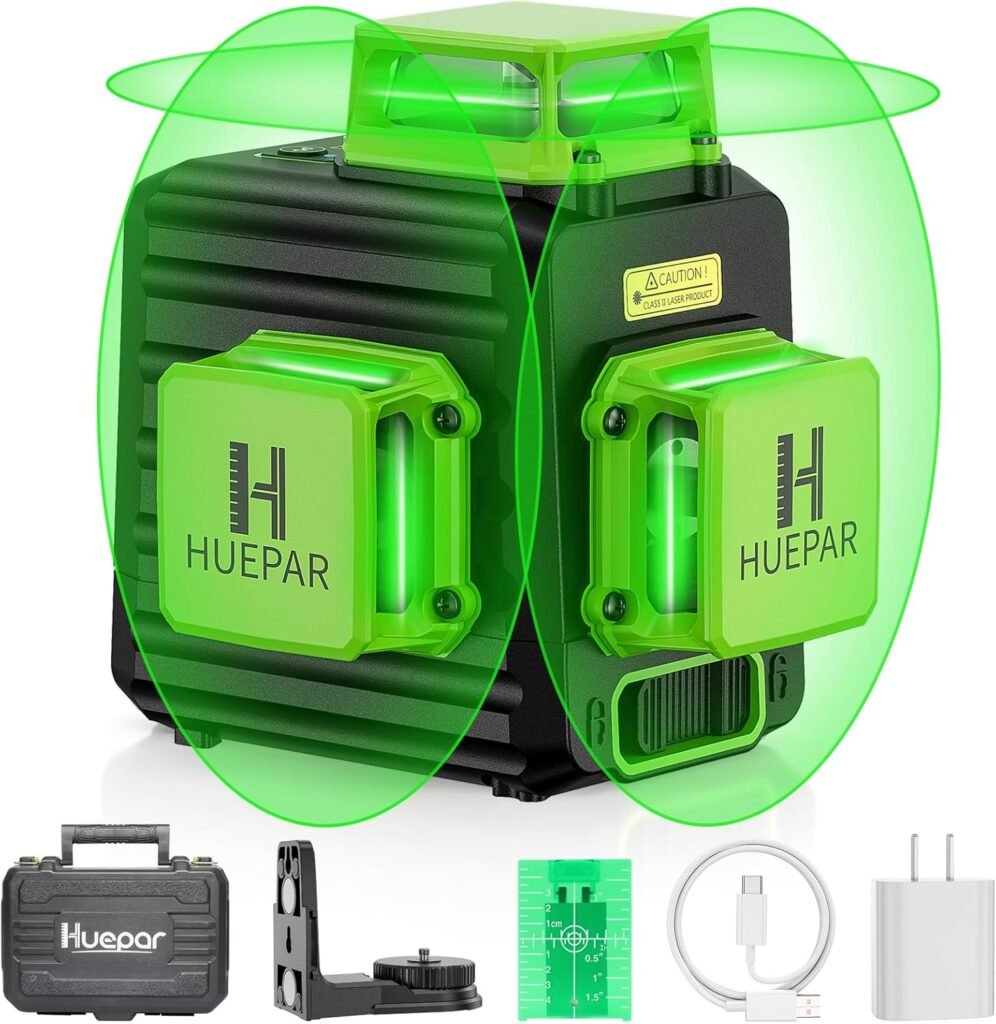 HUEPAR Laser Level 360 Self Leveling, Rechargeable 3D High Brightness Green Laser 3x360° Best Laser Leveler Tool for Construction and Picture Hanging, Strong Magnetic Bracket