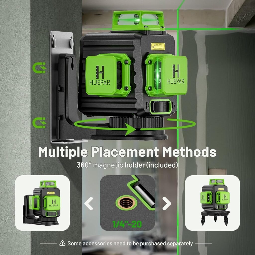 HUEPAR Laser Level 360 Self Leveling, Rechargeable 3D High Brightness Green Laser 3x360° Best Laser Leveler Tool for Construction and Picture Hanging, Strong Magnetic Bracket