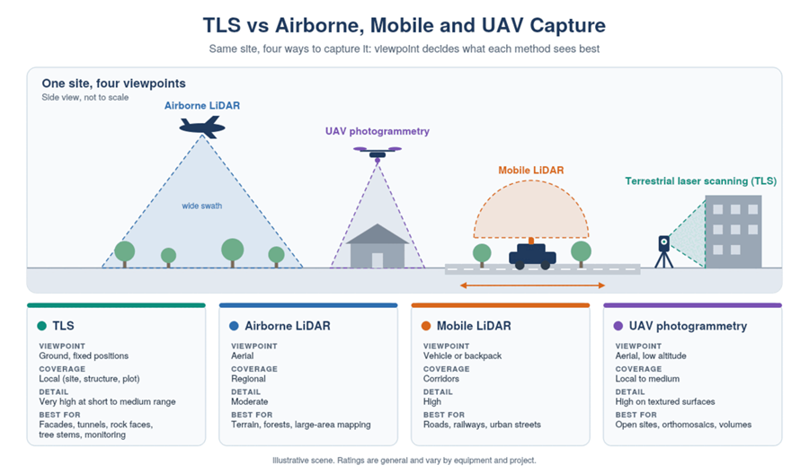 Comparison of TLS, airborne LiDAR, mobile LiDAR and UAV viewpoints at one site