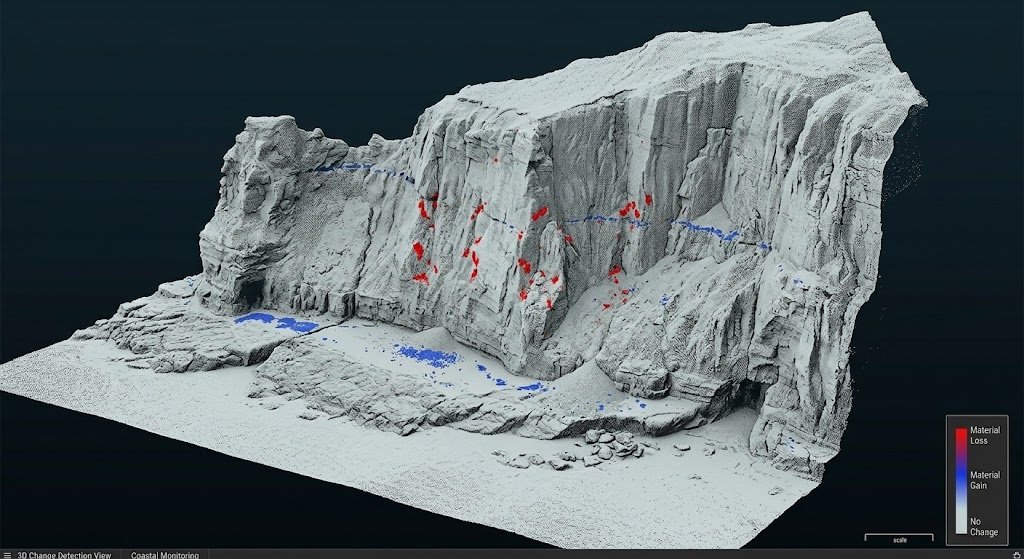 Change detection map from repeated terrestrial laser scans of a cliff