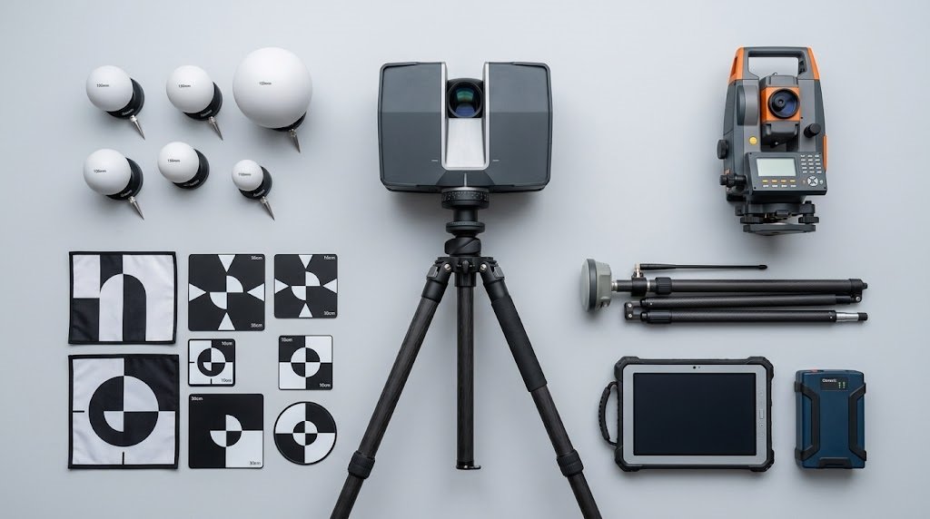 Terrestrial laser scanning equipment including scanner, tripod and registration targets